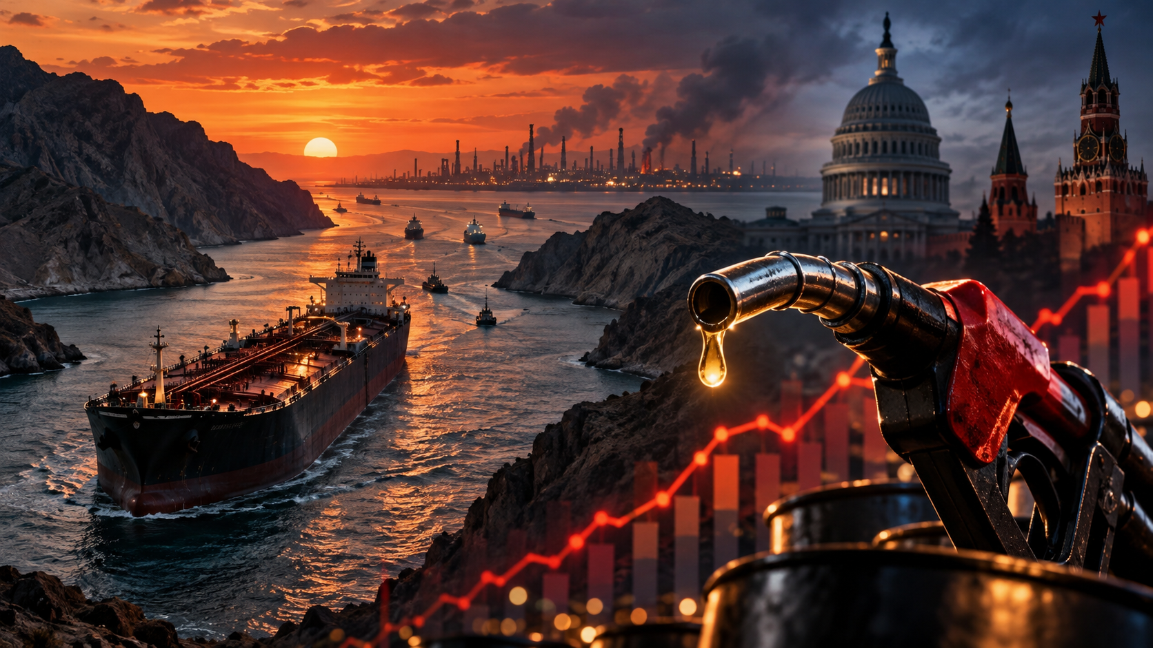 KI-generierte symbolische Illustration: Energiehandel, geopolitische Risiken und steigende Treibstoffkosten.