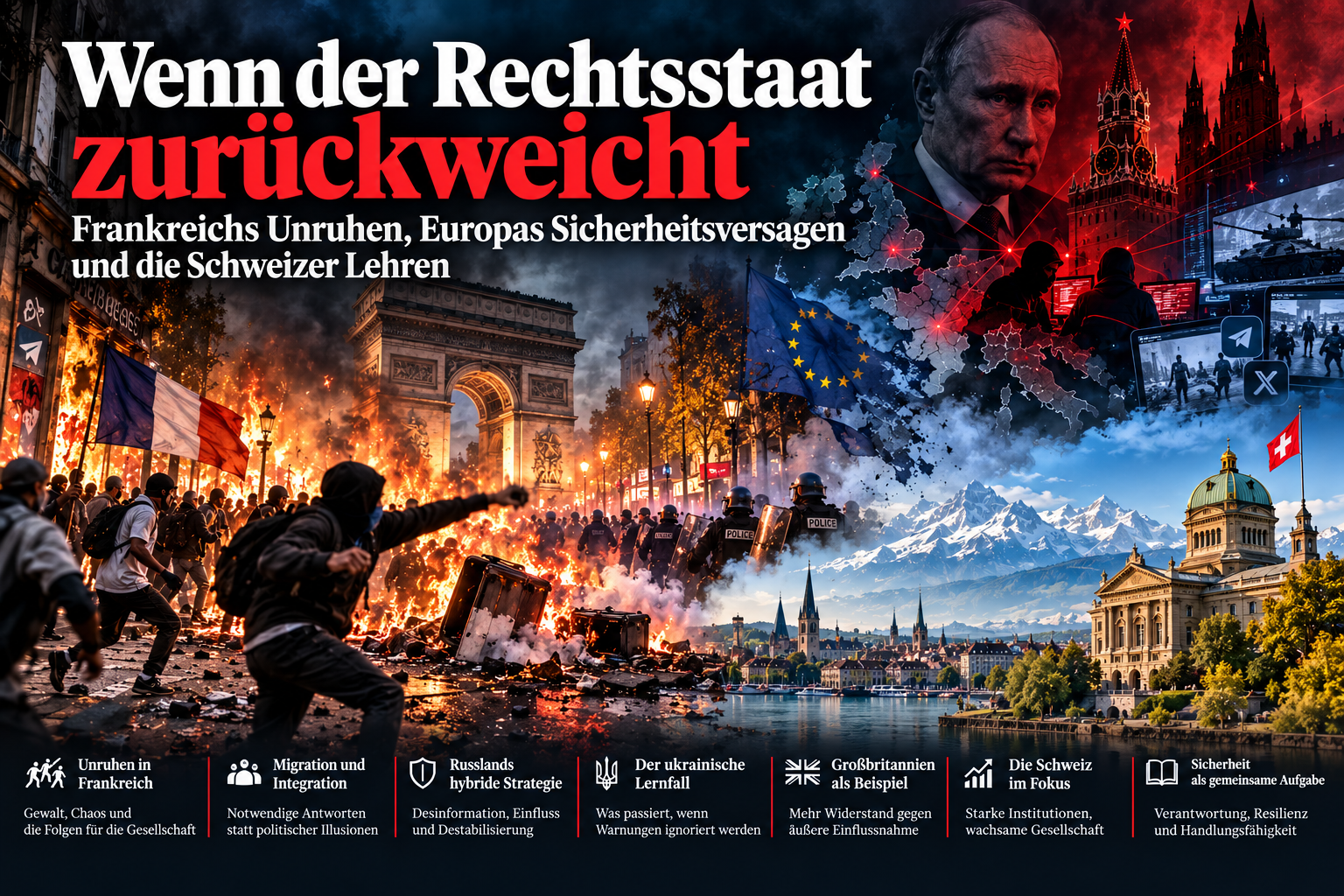 KI-generierte Titelillustration mit Protesten in Frankreich, hybriden Bedrohungen und Schweizer Sicherheitsmotiven; kein dokumentarisches Foto.