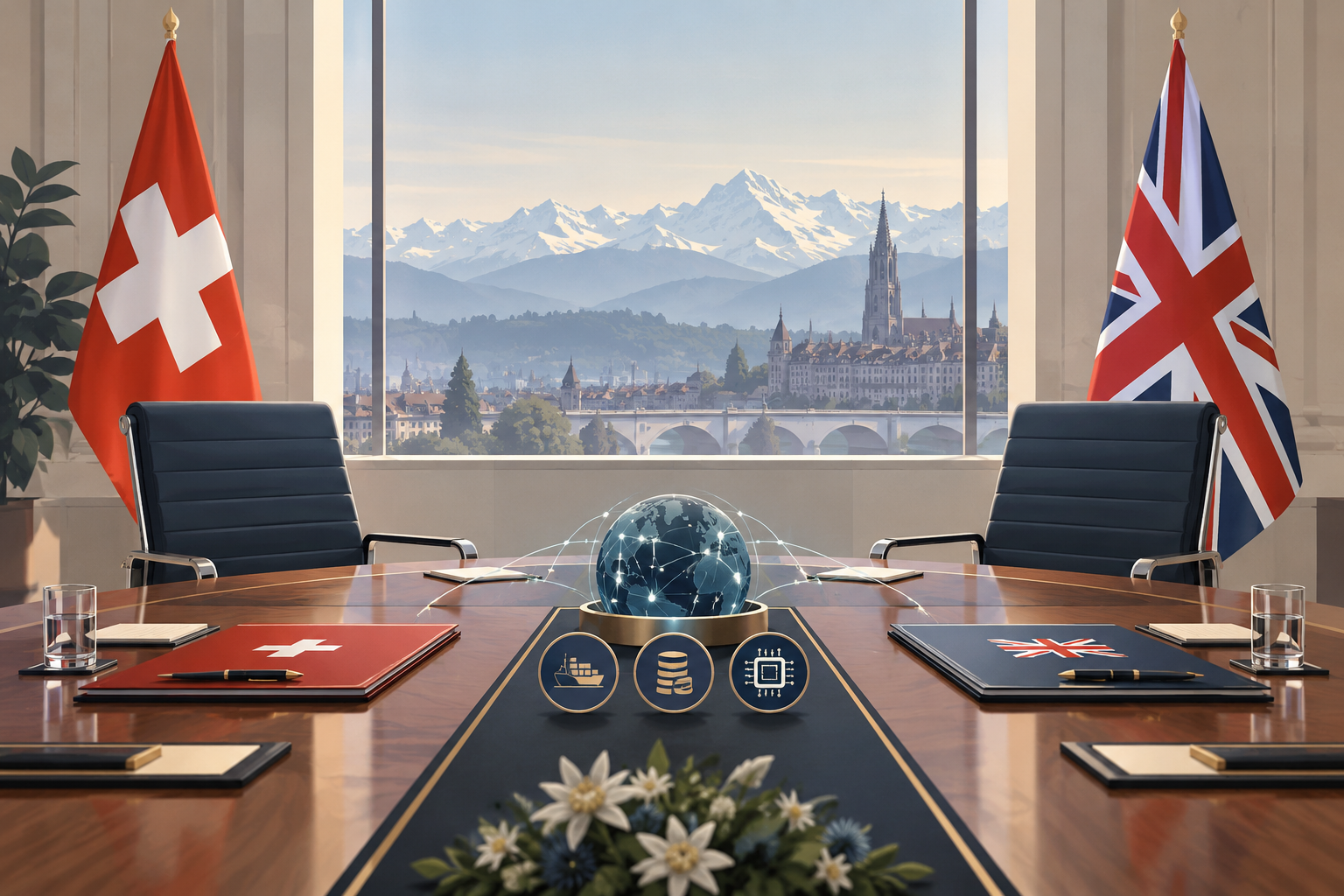 KI-generierte symbolische Illustration eines Schweiz–UK-Dialogs in Bern; keine dokumentarische Aufnahme.