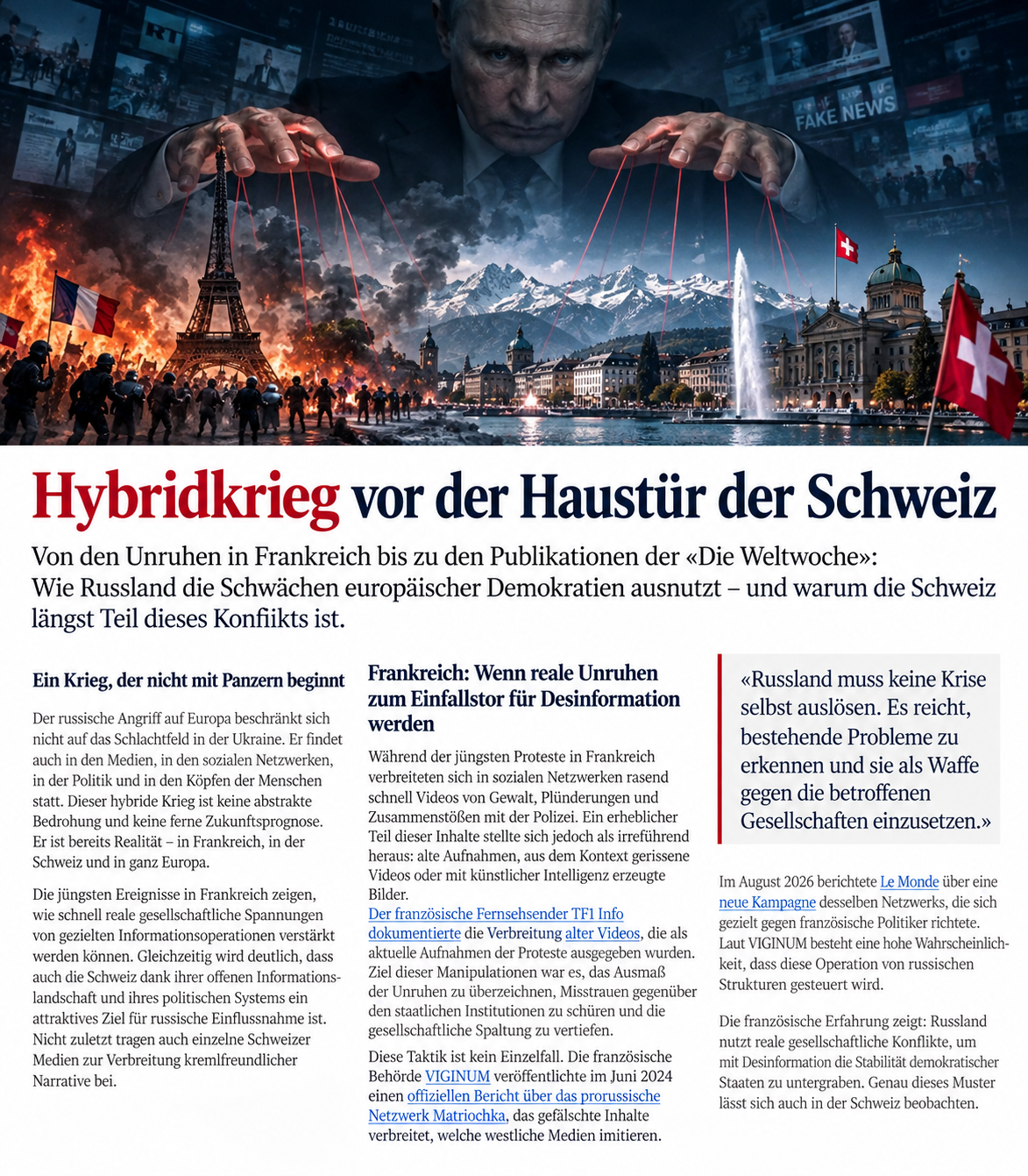 Titelgrafik mit einer symbolischen Darstellung Russlands, Frankreichs und der Schweiz; KI-generierte, nicht-dokumentarische Illustration.
