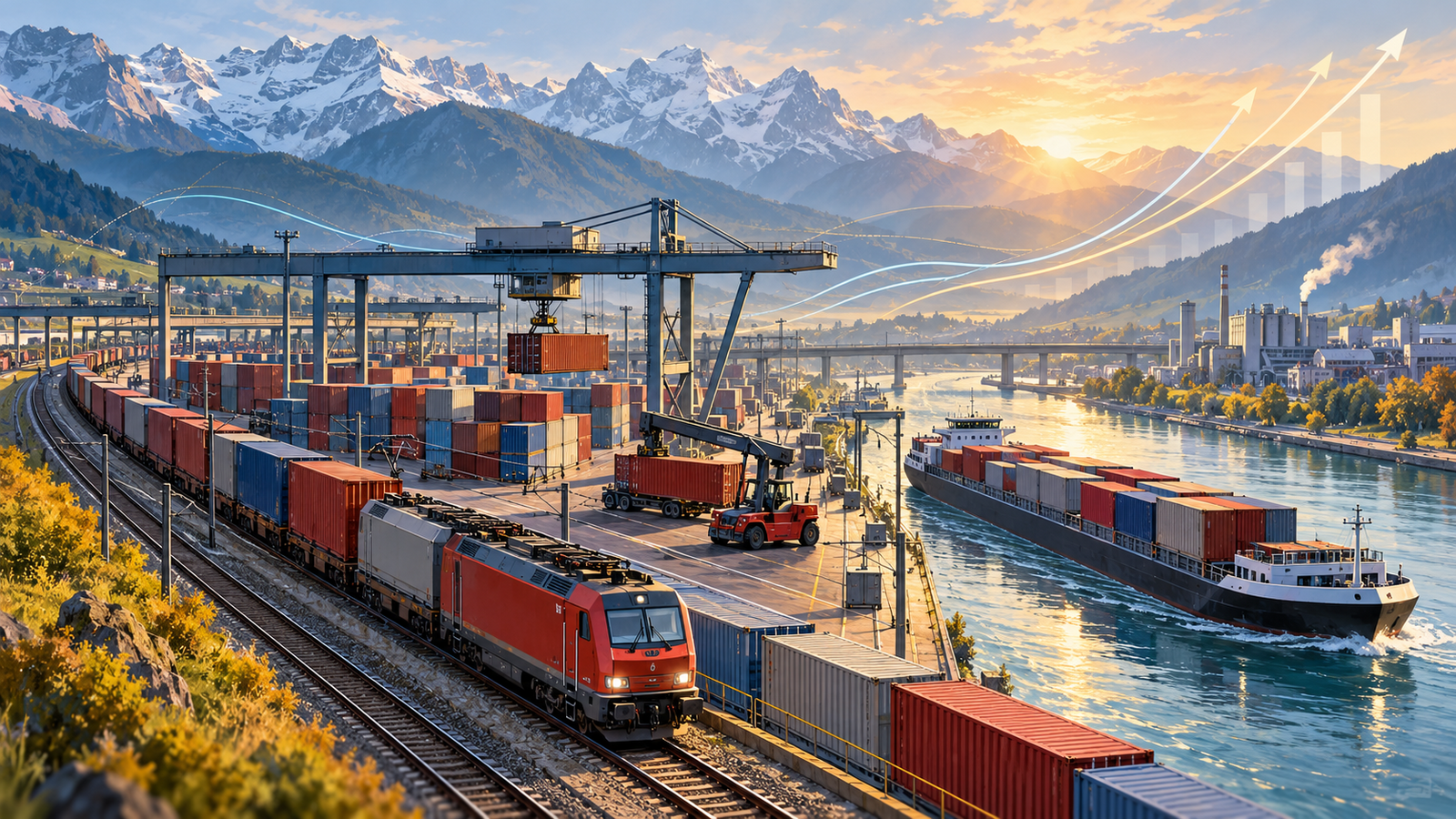 Illustrazione generata dall’IA del traffico merci svizzero su ferrovia, porto e container davanti alle Alpi