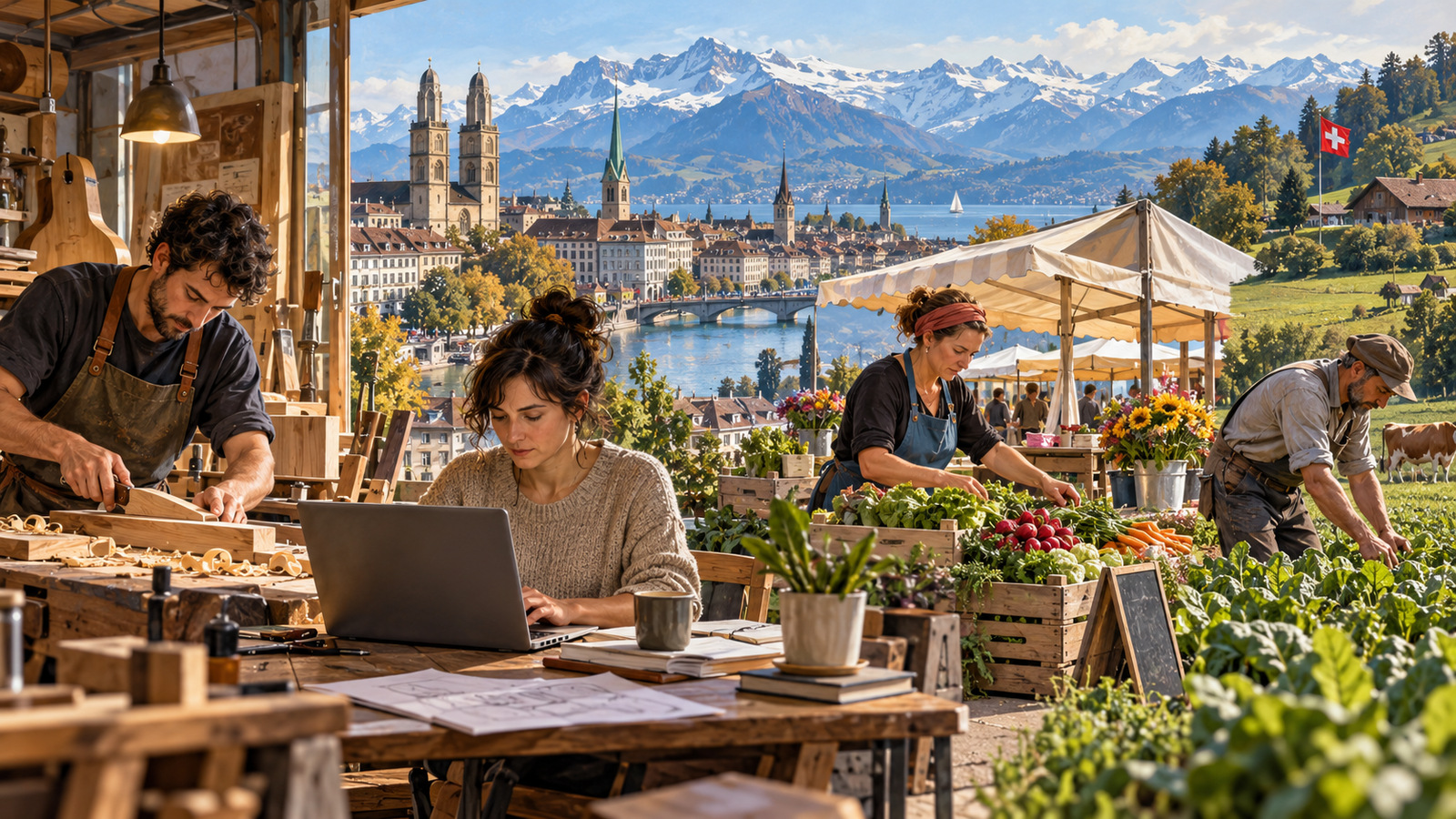 Illustrazione generata dall’IA di lavoratori indipendenti in officina, ufficio, mercato e agricoltura in Svizzera