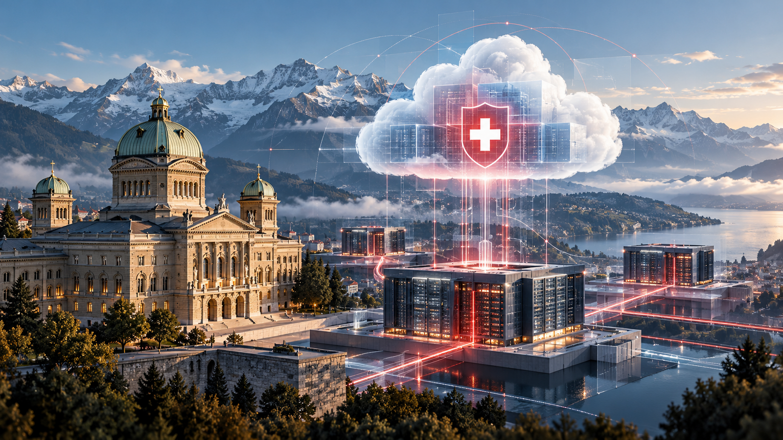 Illustrazione generata dall’IA di un’infrastruttura cloud svizzera sicura davanti a Palazzo federale e Alpi