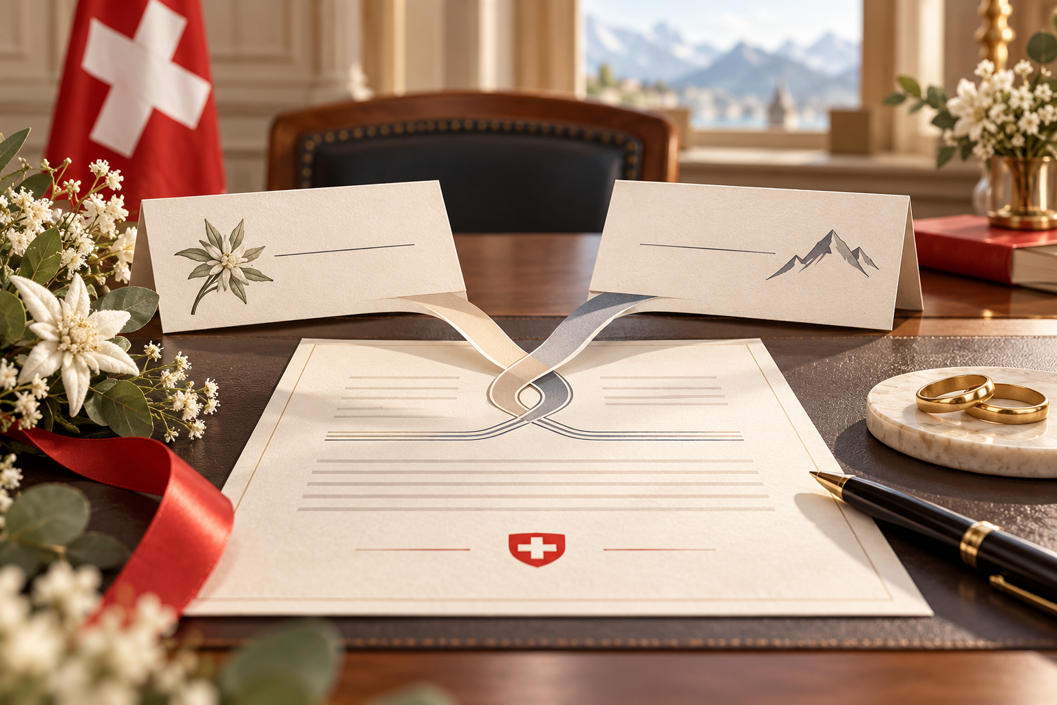Illustrazione generata dall’IA di un documento di stato civile svizzero che unisce due cognomi