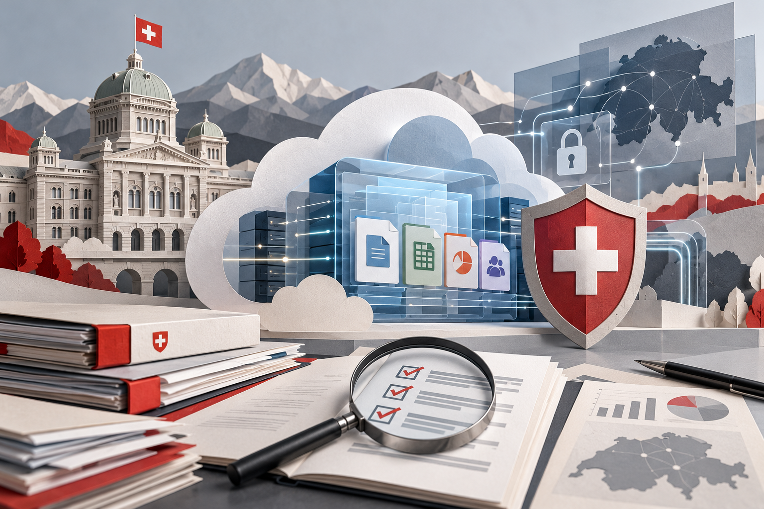 Illustrazione generata dall’IA di una verifica della sicurezza cloud nell’Amministrazione federale svizzera
