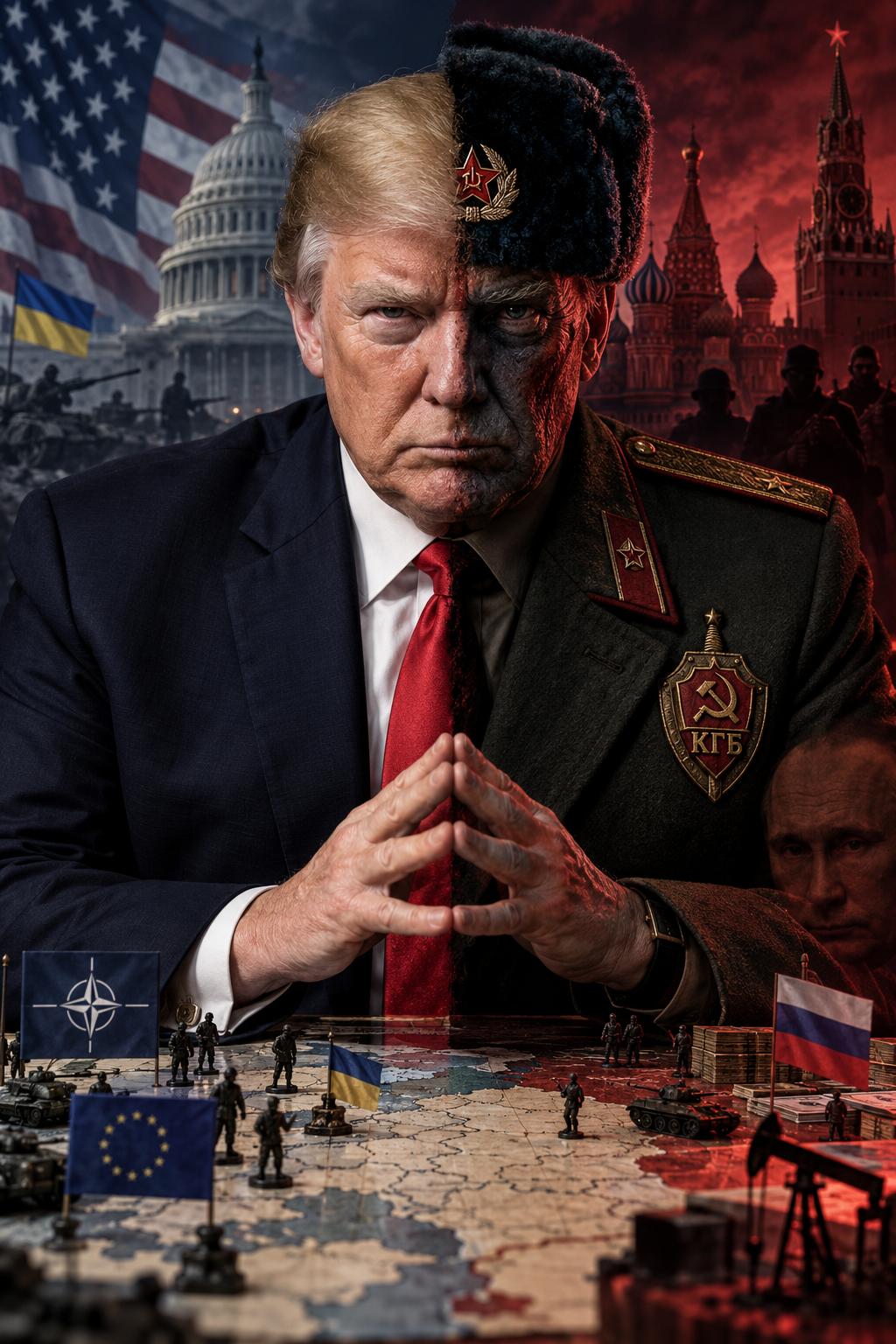 KI-generierte spekulative Symbolillustration zu Trump und Russland; sie ist kein Beleg für eine Geheimdienstverbindung
