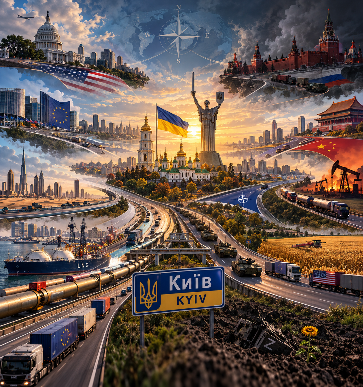 KI-generierte Symbolillustration: geopolitische Wege und Interessen treffen in Kyjiw zusammen; keine dokumentarische Aufnahme