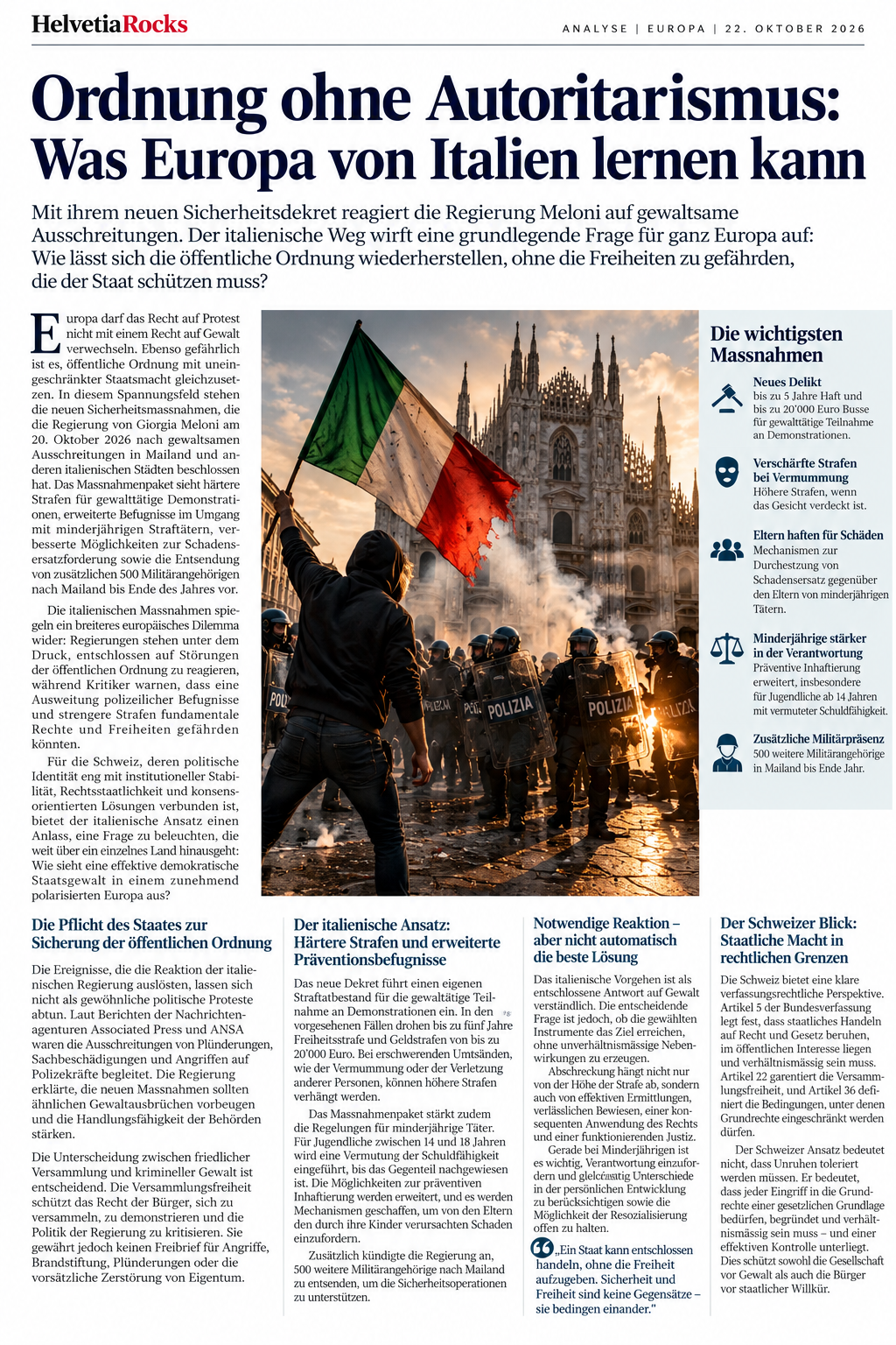 KI-generierte Symbolgrafik zu Ordnung und Protest in Mailand; der im Bild dargestellte Zeitungstext ist keine Quelle