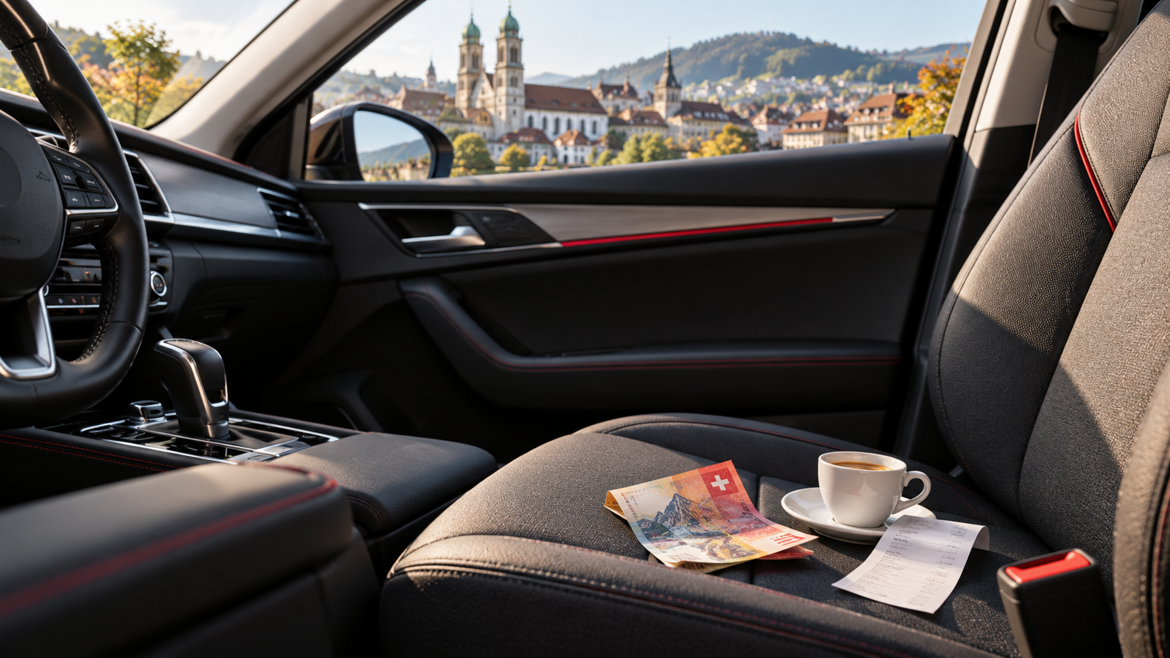 Illustrazione: in un’auto vuota ci sono una banconota svizzera, un caffè e una ricevuta.