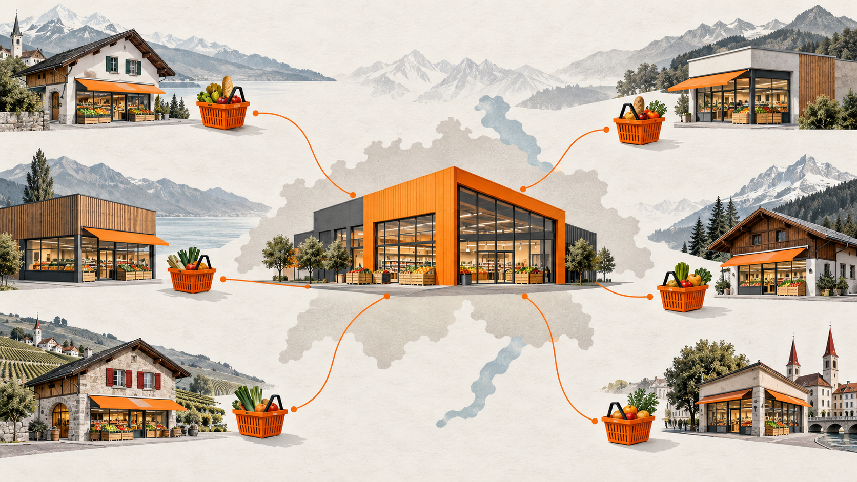 Illustrazione generata con IA: un negozio centrale Migros collegato a vari punti vendita regionali in un paesaggio alpino svizzero.