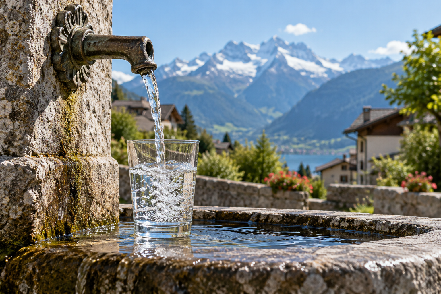 Immagine simbolica generata con IA di una fontana di paese con un paesaggio alpino; non documenta un luogo specifico.