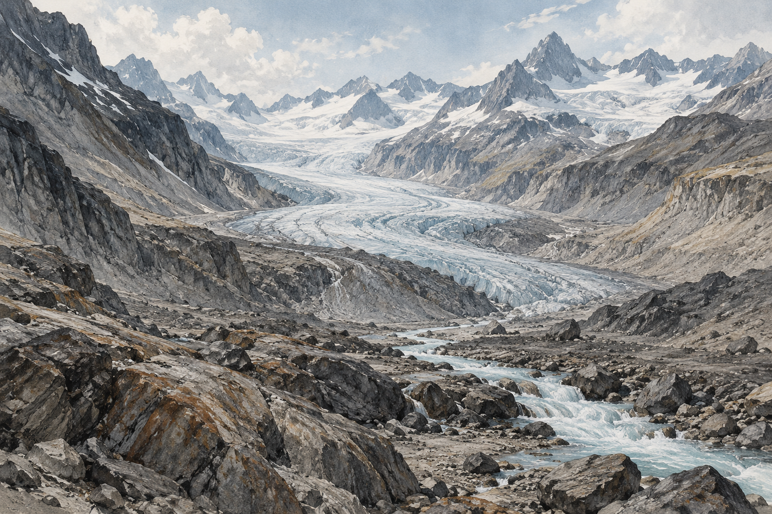 Illustrazione generata con IA di un paesaggio glaciale alpino con rocce esposte e acqua di fusione. Non è una fotografia documentaria di un ghiacciaio specifico.