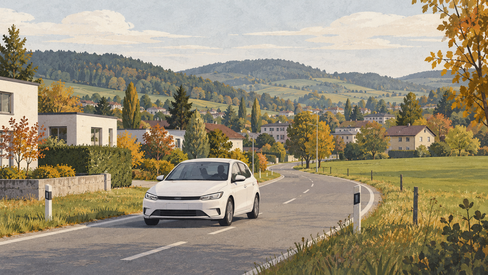 Immagine simbolica · illustrazione generata di un’auto automatizzata con una persona addetta alla sicurezza. Non mostra il progetto pilota.